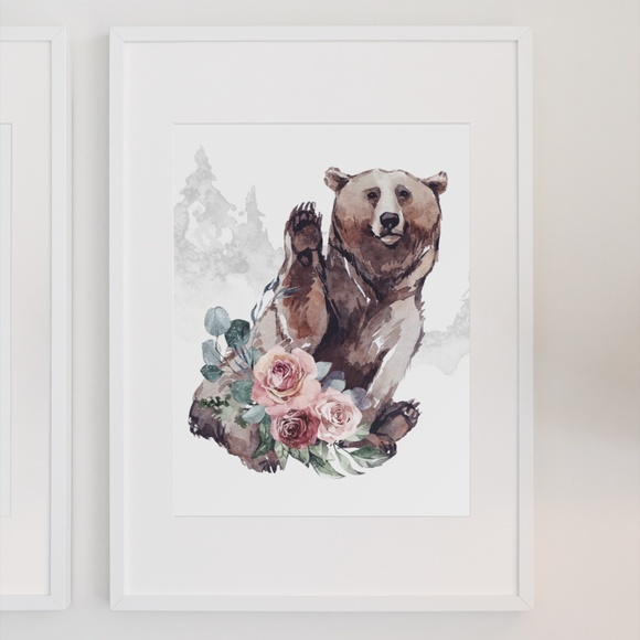 Watercolor Floral Bear Wall Art Print Poster Unframed - Picture 5 of 10